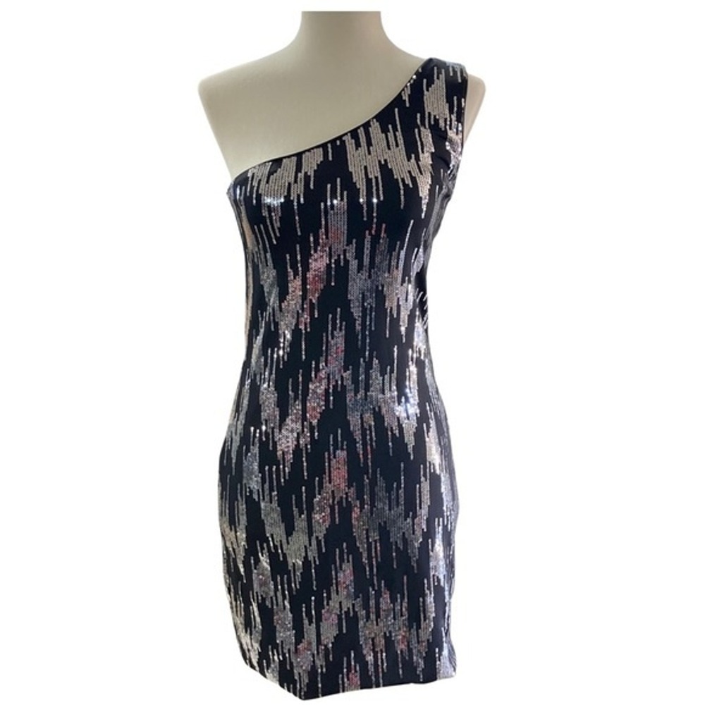 Charlotte Russe Womens Dress Sz S One Shoulder Black and Silver‎ Sequin Mini